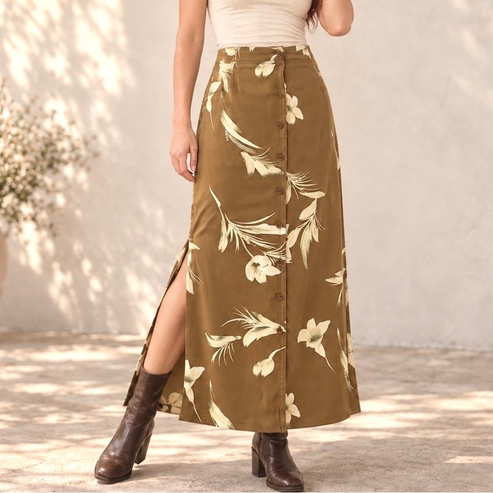 90s Vintage Liz Claiborne Silk Floral Maxi Skirt Brown Green Boho Fairy Grunge